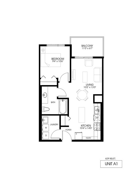 Floor plan for 1 bed, 1 bath, 629 sqft